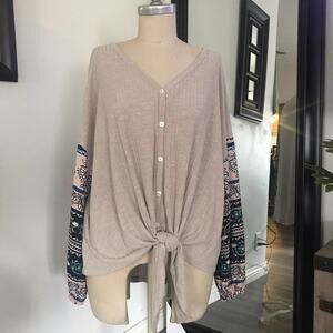 New! Kori America Bohemian Oversized Style Long sleeve V-neck  Womens Top Small